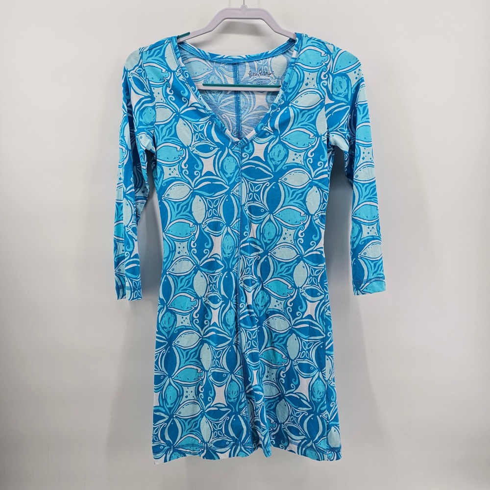 Lilly Pulitzer Juliet Dress Womens XS Ariel Blue What a Racquet Pima Cotton 33in
